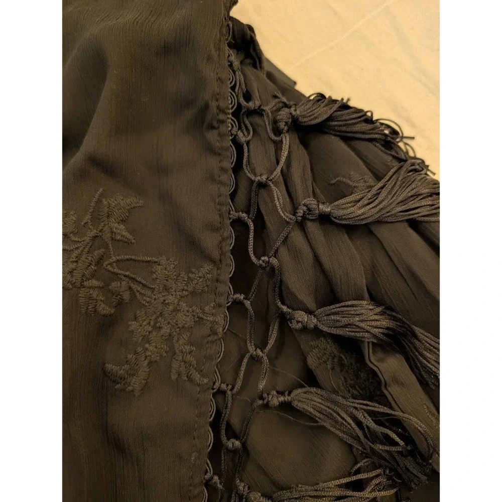 Lulus‎ Fun Affair Black Floral Embroidered Tassel Wrap Midi Dress  S